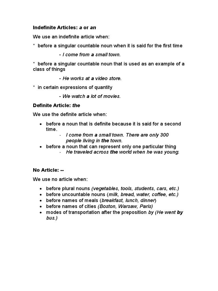 Indefinite and Definite Articles Explained | PDF | Language Arts ...