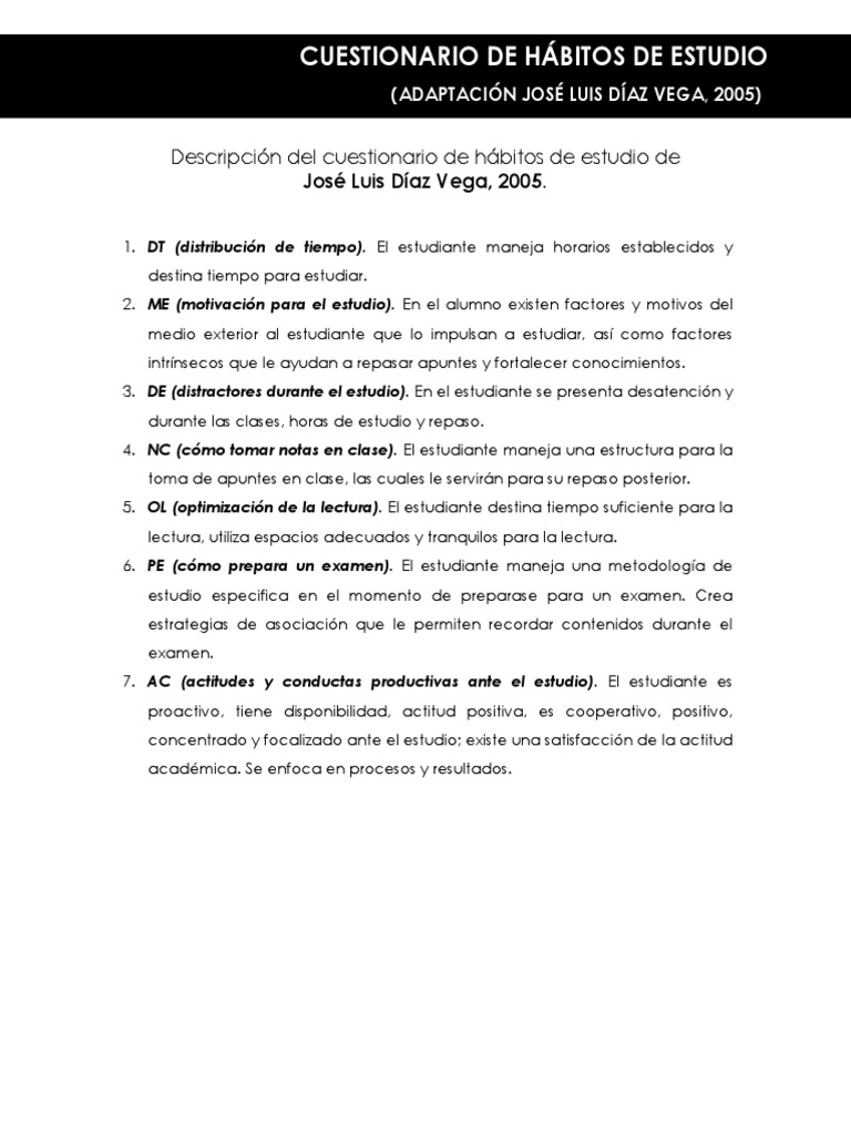 Cuestionario de Hábitos de Estudio 2005 | PDF | Crecimiento personal y ...