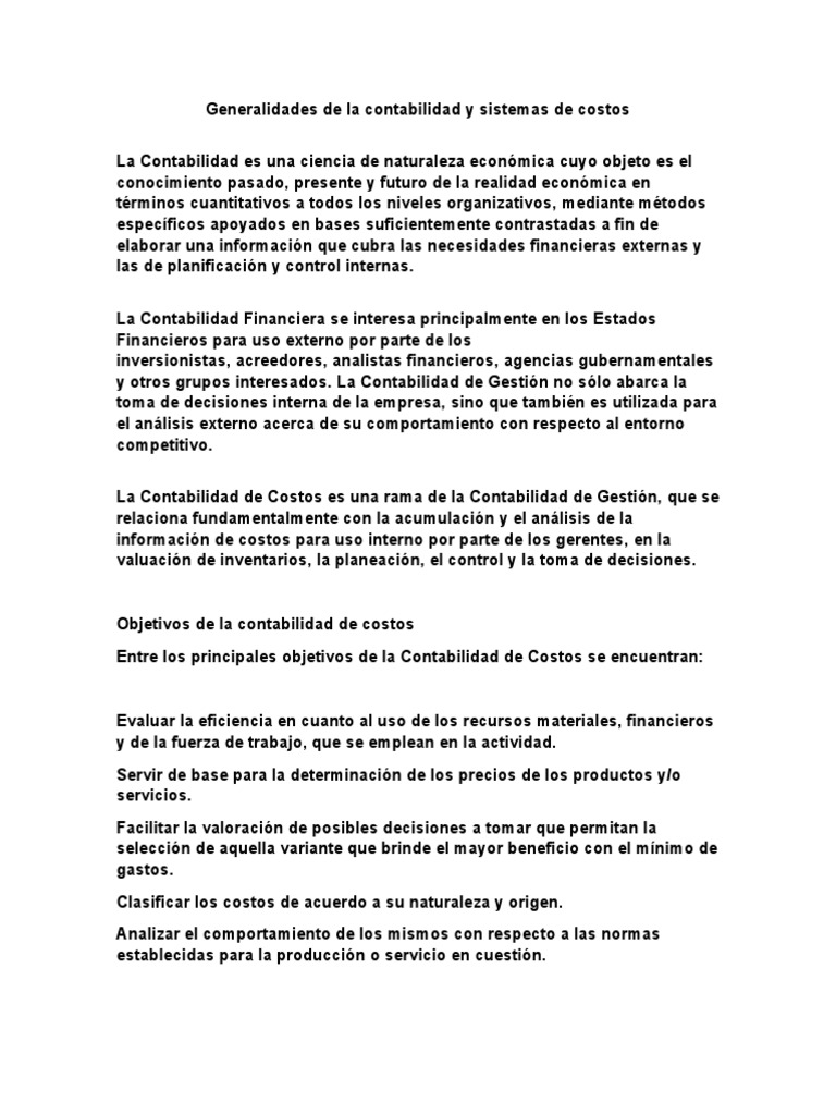 Generalidades de La Contabilidad y Sistemas de Costos | PDF | Costo ...