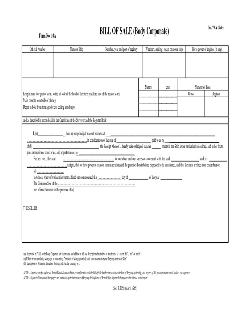 BILL OF SALE (Body Corporate) Form No. 10A PDF Tonnage Ships