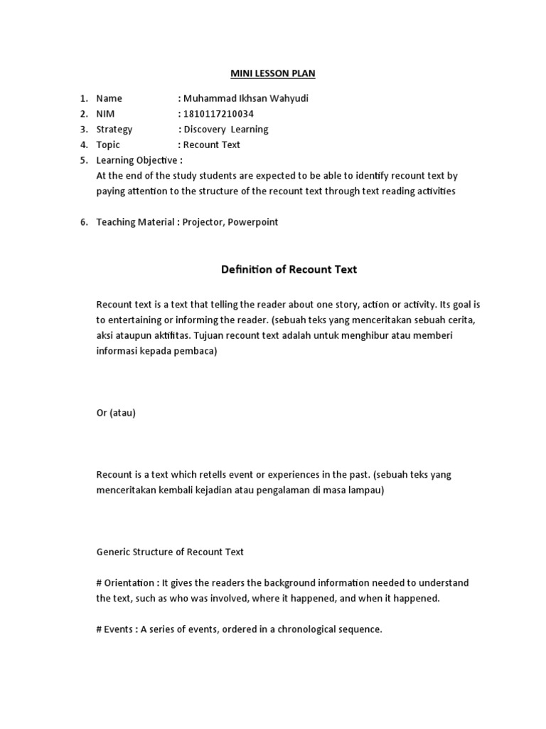 Recount Text Mini Lesson Plan | PDF | Teachers | Motivation