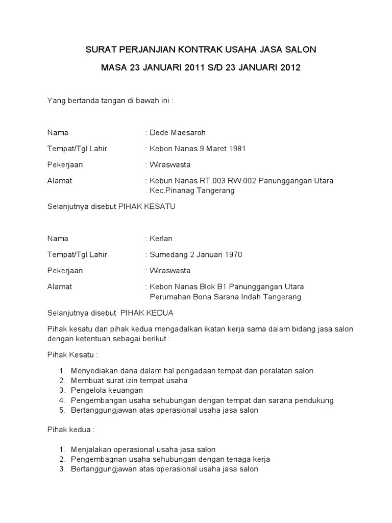SURAT PERJANJIAN KONTRAK USAHA JASA SALON