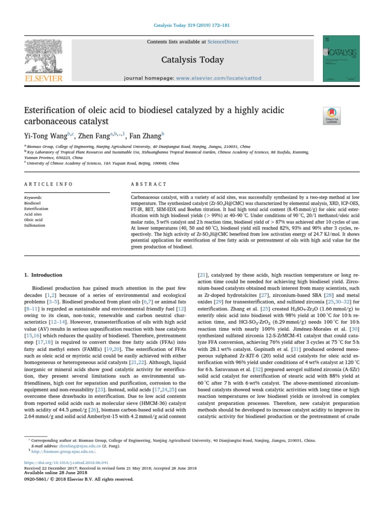 Esterification of Oleic Acid To Biodiesel Catalyzed by A Highly Acidic ...