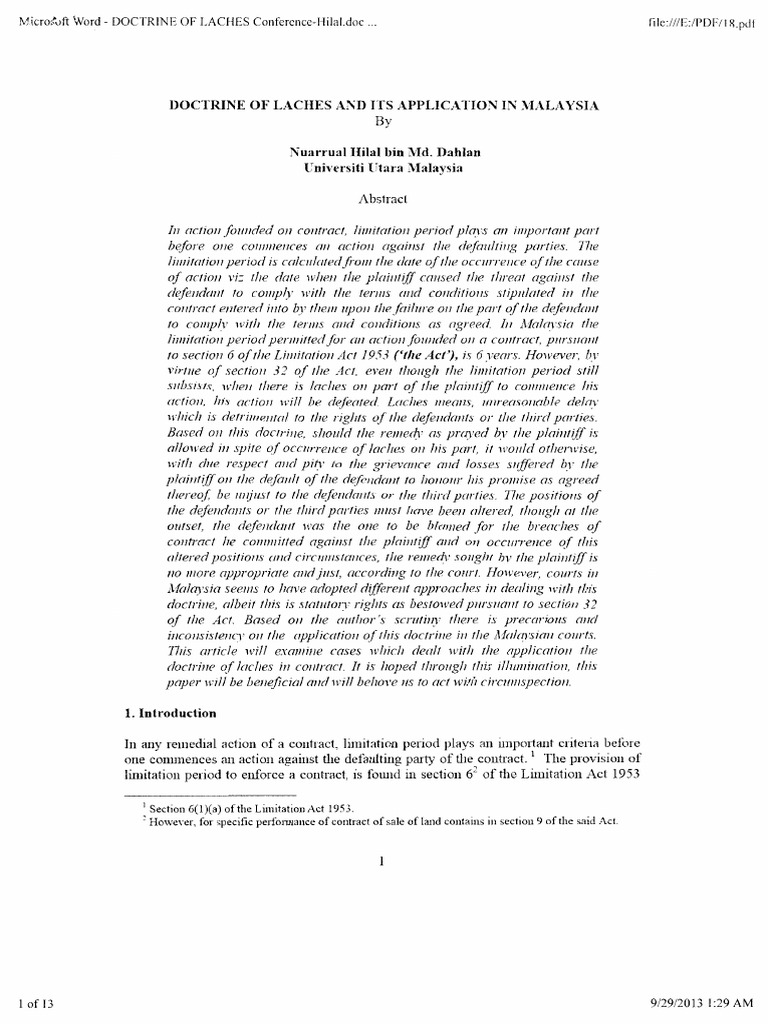 Doctrine of laches and its application in malaysaia pdf