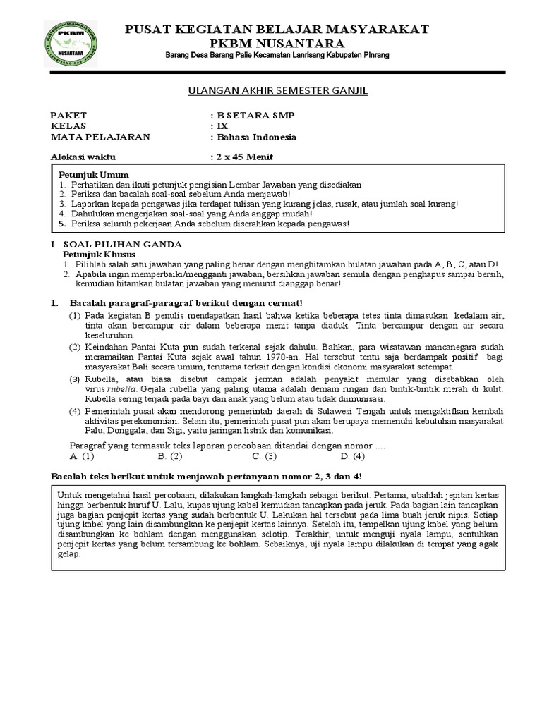 Ujian Bahasa Indonesia Kelas IX SMP | PDF
