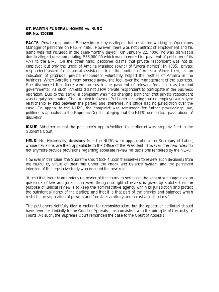 St. Martin Funeral Homes vs. NLRC Download Free PDF Appeal