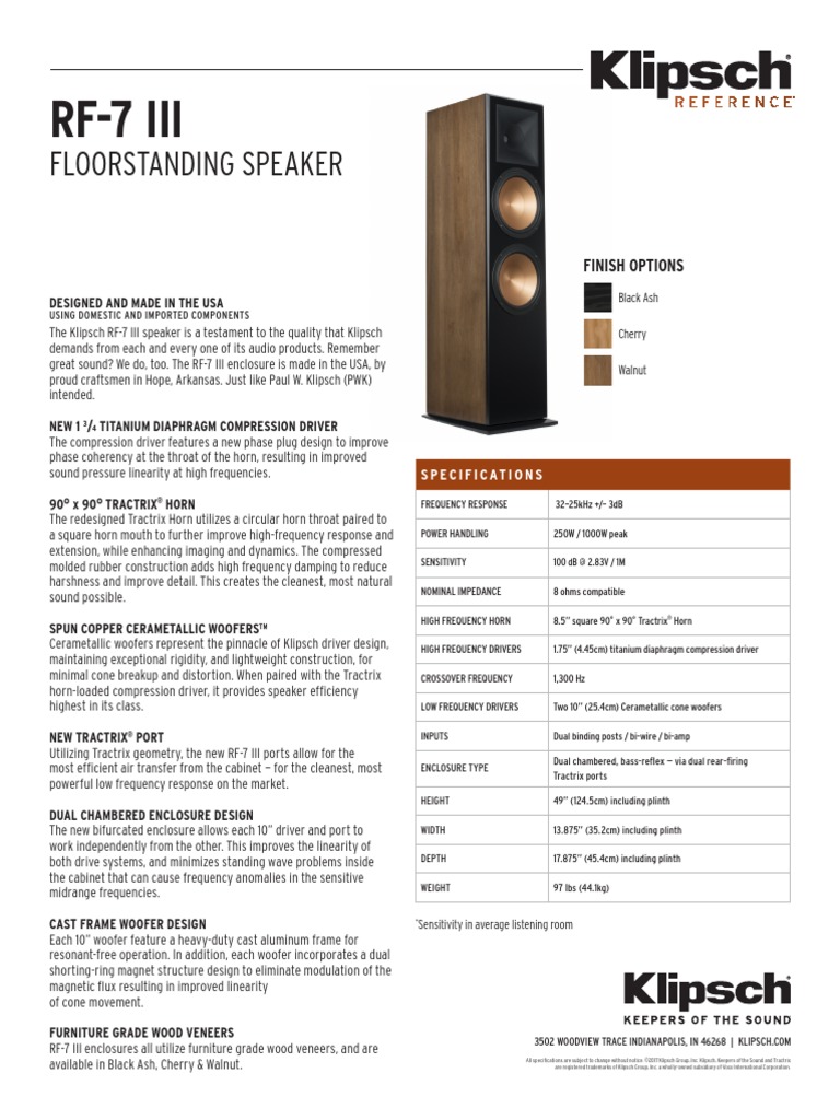 Klipsch RF-7-III Spec-Sheet | PDF | Loudspeaker | Audio Electronics