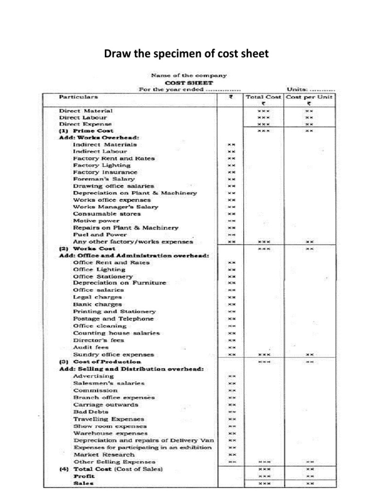 Cost Sheet Specimen