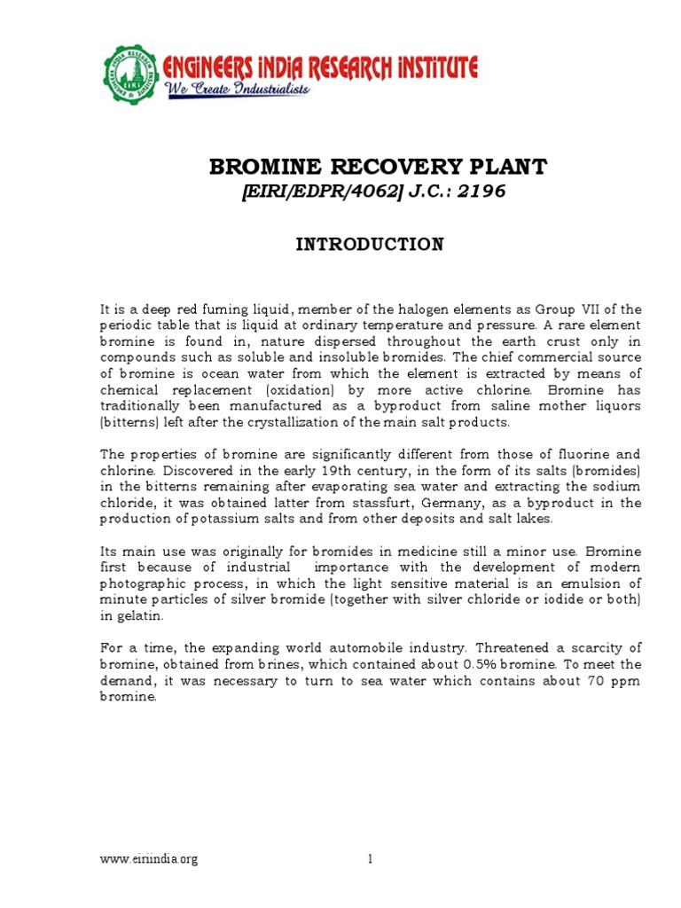Project Report On Bromine Recovery Plant PDF Chlorine Salt