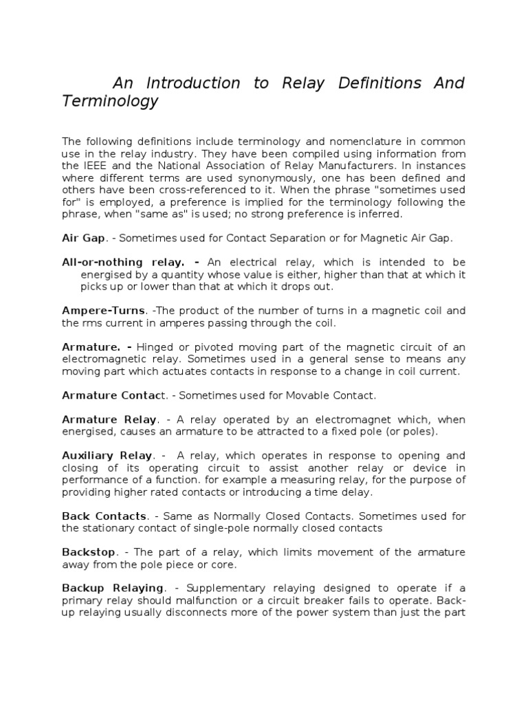 An Introduction To Relay Definitions and Terminology PDF Relay Switch