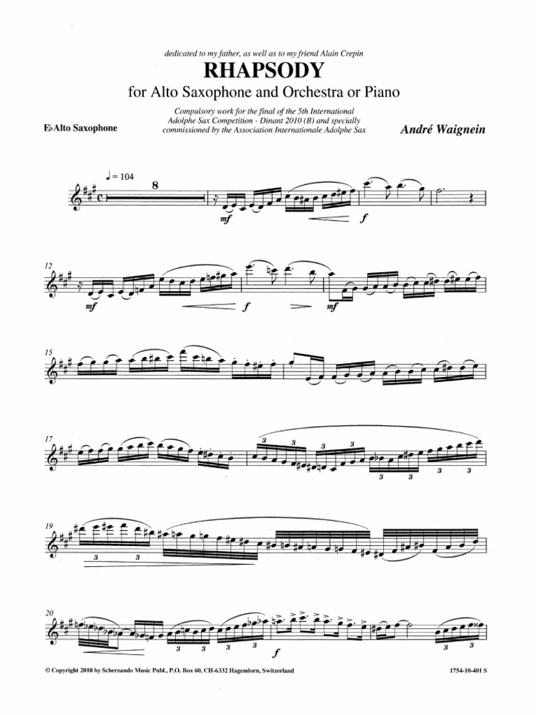 Rhapsody: For Alto Saxophone and Orchestra or Piano | PDF