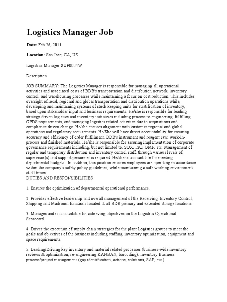 Logistics Manager Job Description | PDF | Logistics | Inventory