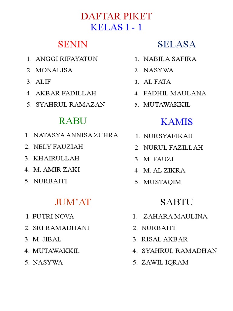 Roster Piket Kelas I - 1 Mingguan | PDF | Griya & Taman