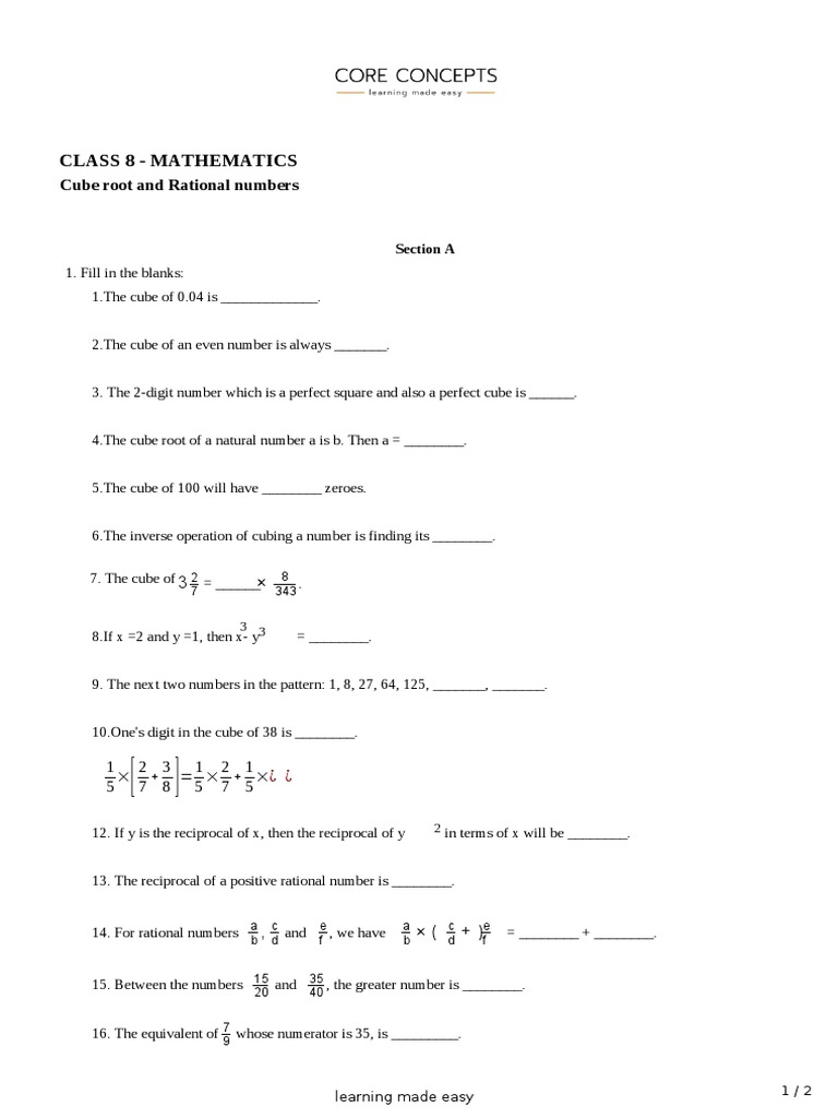 Cube Roots and Rational Numbers Class 8 | PDF | Rational Number | Numbers