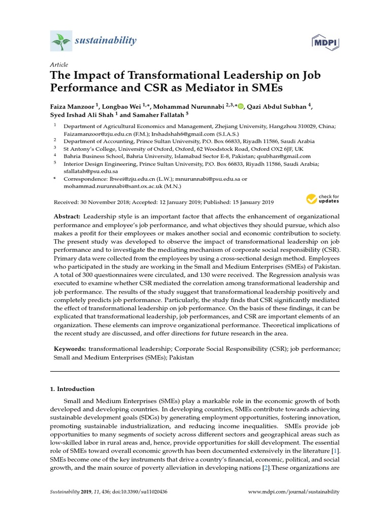 The Impact of Transformational Leadership On Job Performance and CSR As ...
