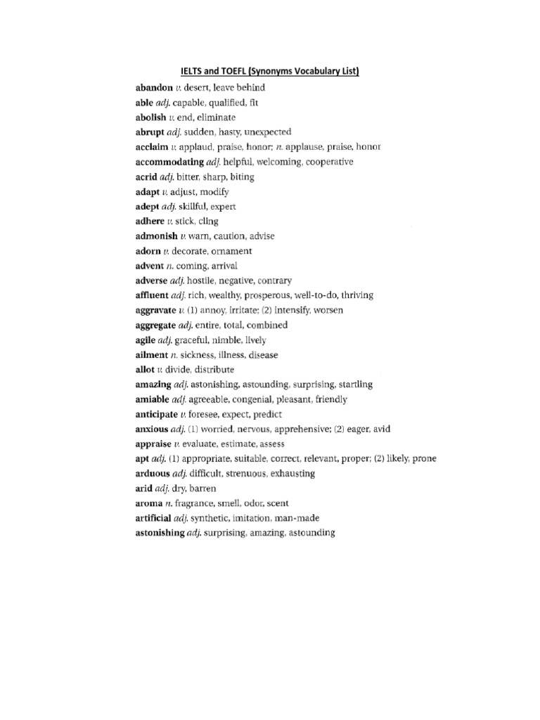 IELTS & TOEFL Synonyms Vocabulary List | PDF