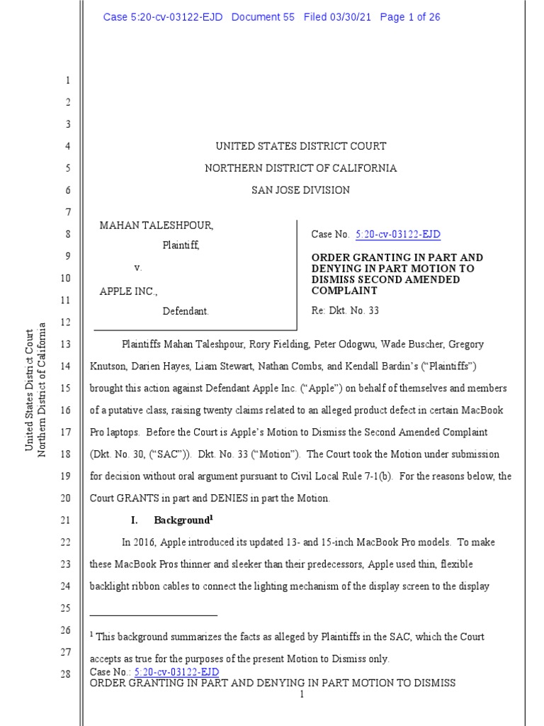 Order Granting in Part and Denying in Part Motion To Dismiss Second