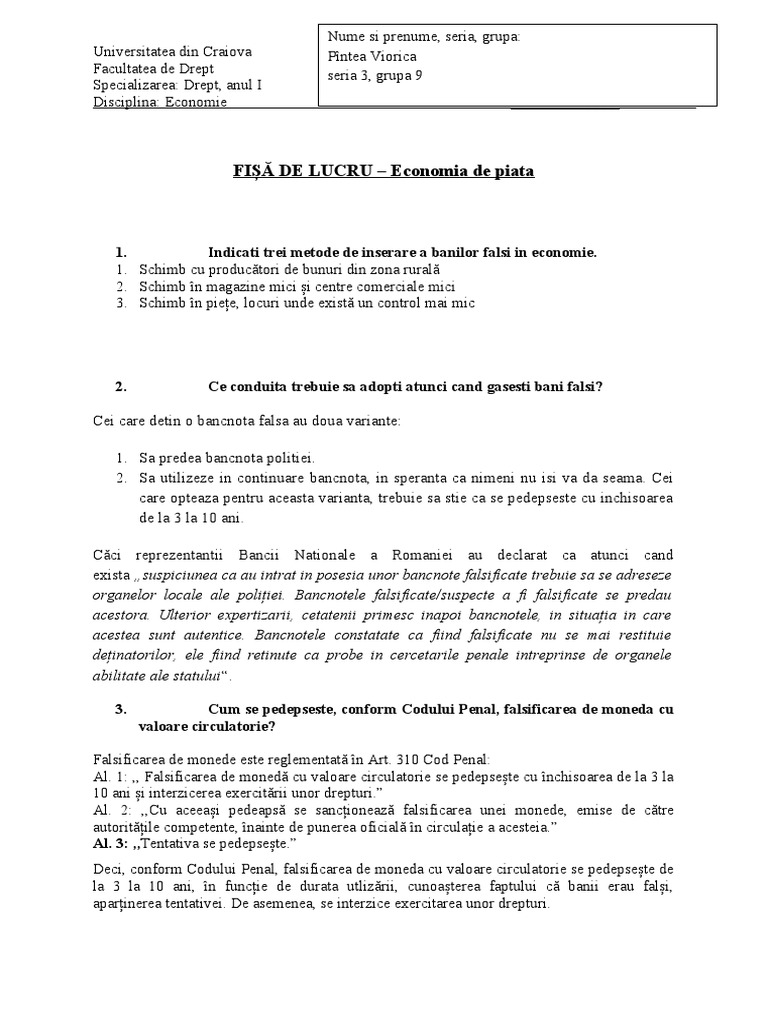 Fisa de Lucru Seminar Economia de Piata PDF