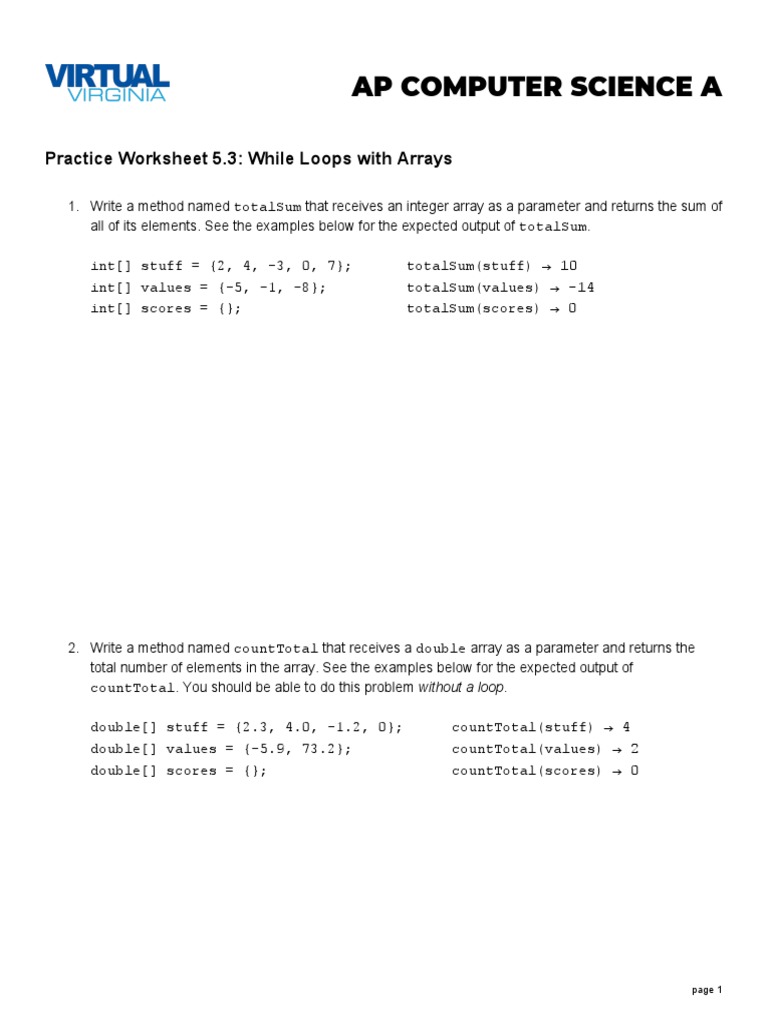 Ap Computer Science A: Practice Worksheet 5.3: While Loops With Arrays ...