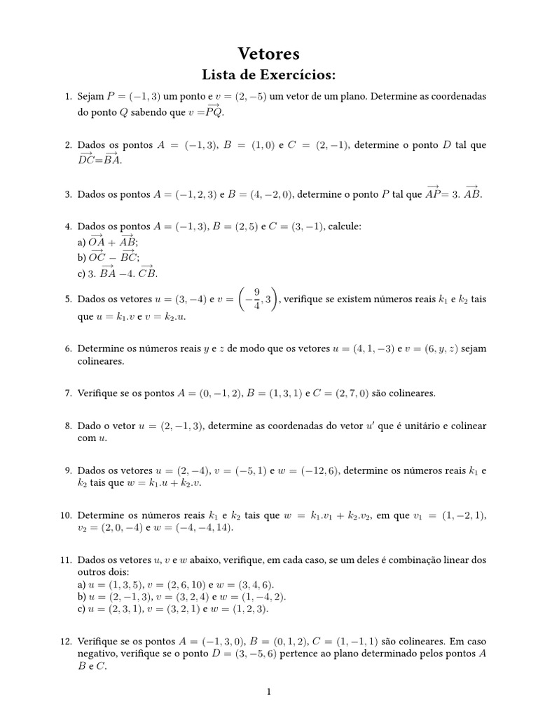 Lista de Exercícios sobre Vetores e suas Operações | PDF | Vetor ...