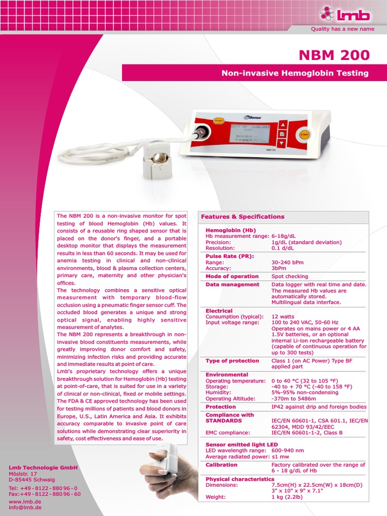 NonInvasive Hemoglobin Testing Features & Specifications PDF