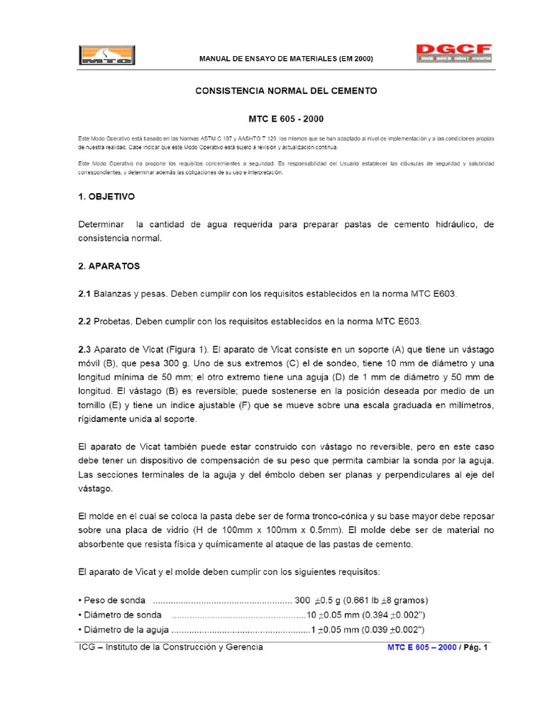 1.0.-MTC E 605 - 2000 Consistencia Normal Del Cemento | PDF