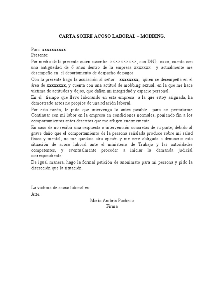 Carta de denuncia por acoso laboral | PDF