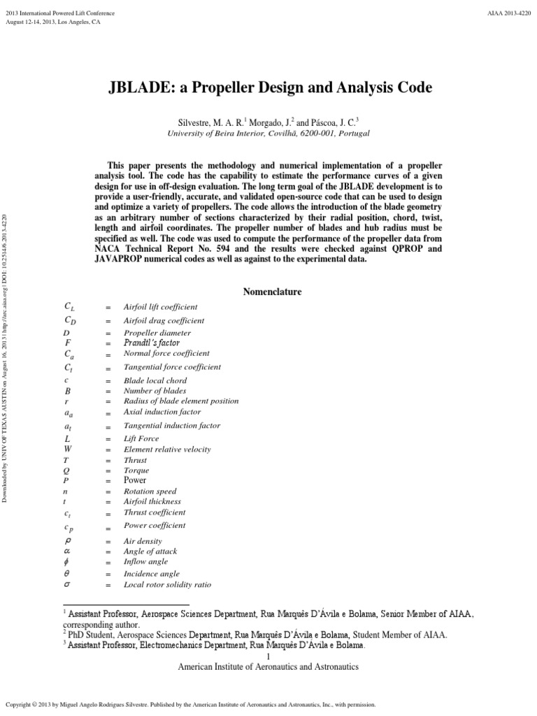 JBLADE A Propeller Design and Analysis Code C C F C C C B R A A L W