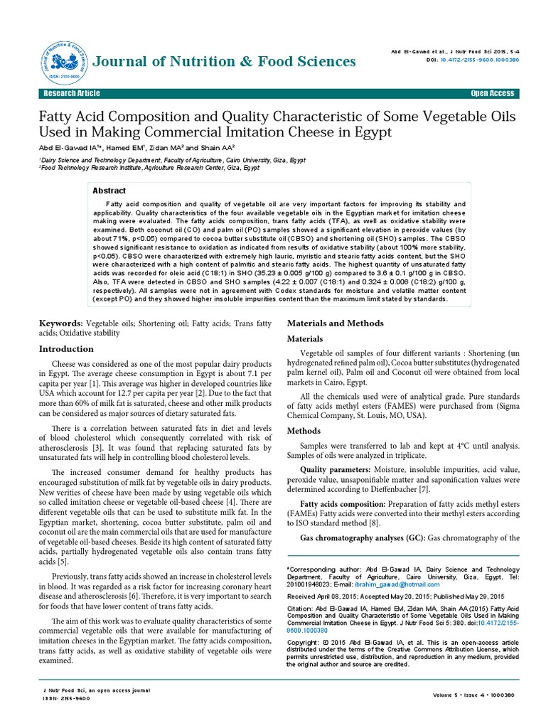 Fatty Acid Composition and Quality Characteristic of Some Vegetable ...