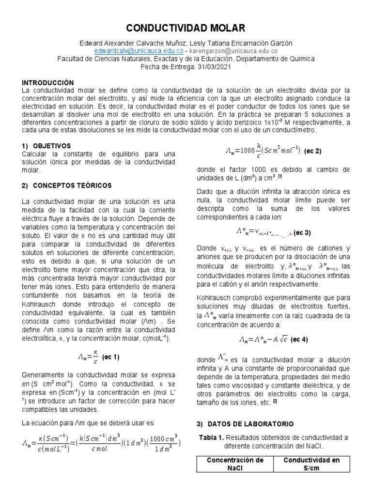 Conductividad Molar PDF Química Química analítica