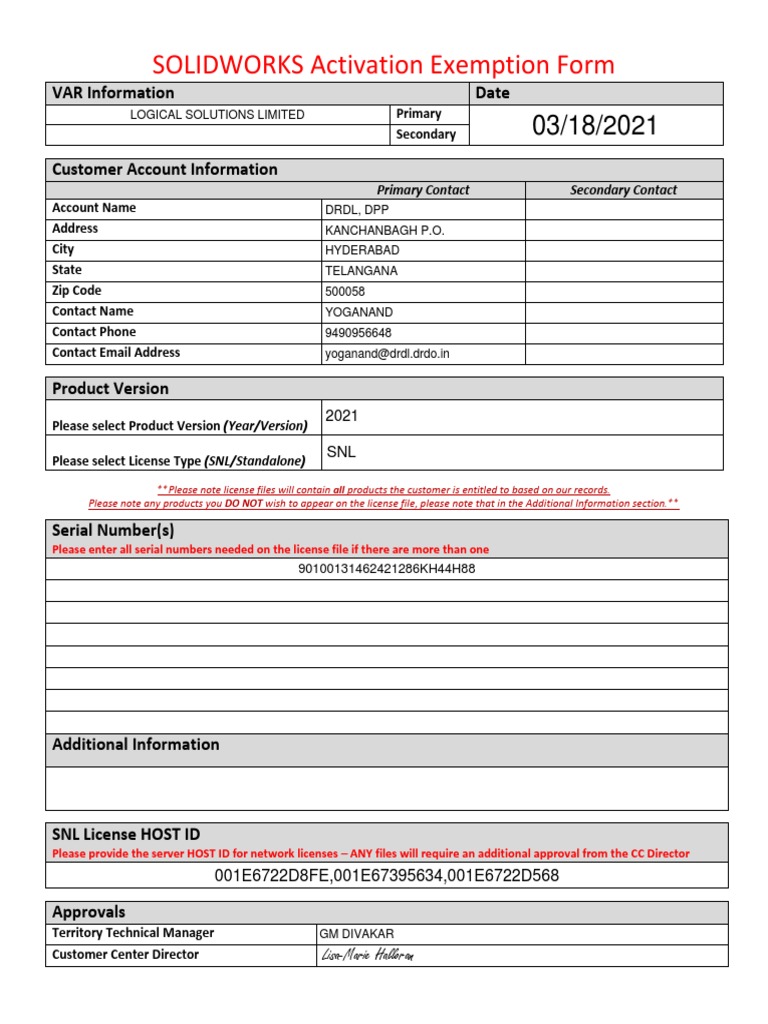 SOLIDWORKS License Activation Form | PDF