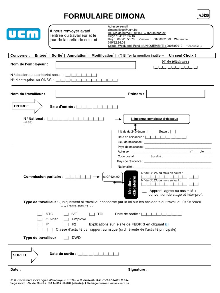 Formulaire de Demande Dimona Generale Pour Les Clients de La Province ...