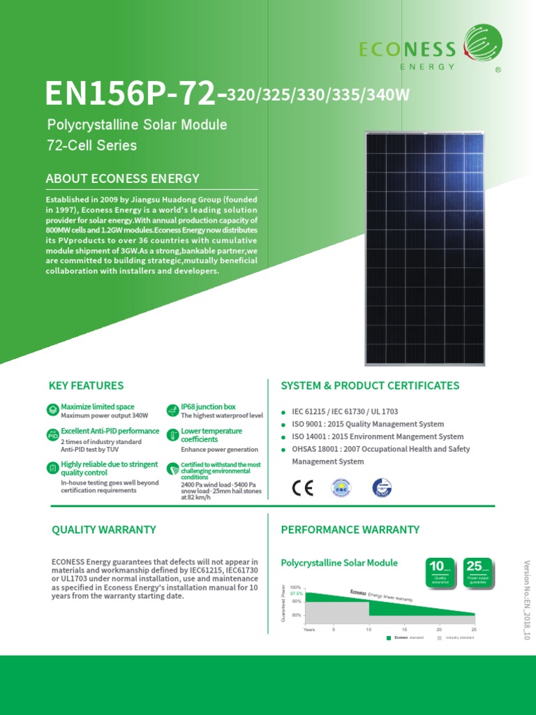 Econess 340W Polycrystalline Module Datasheet | PDF | Solar Panel ...