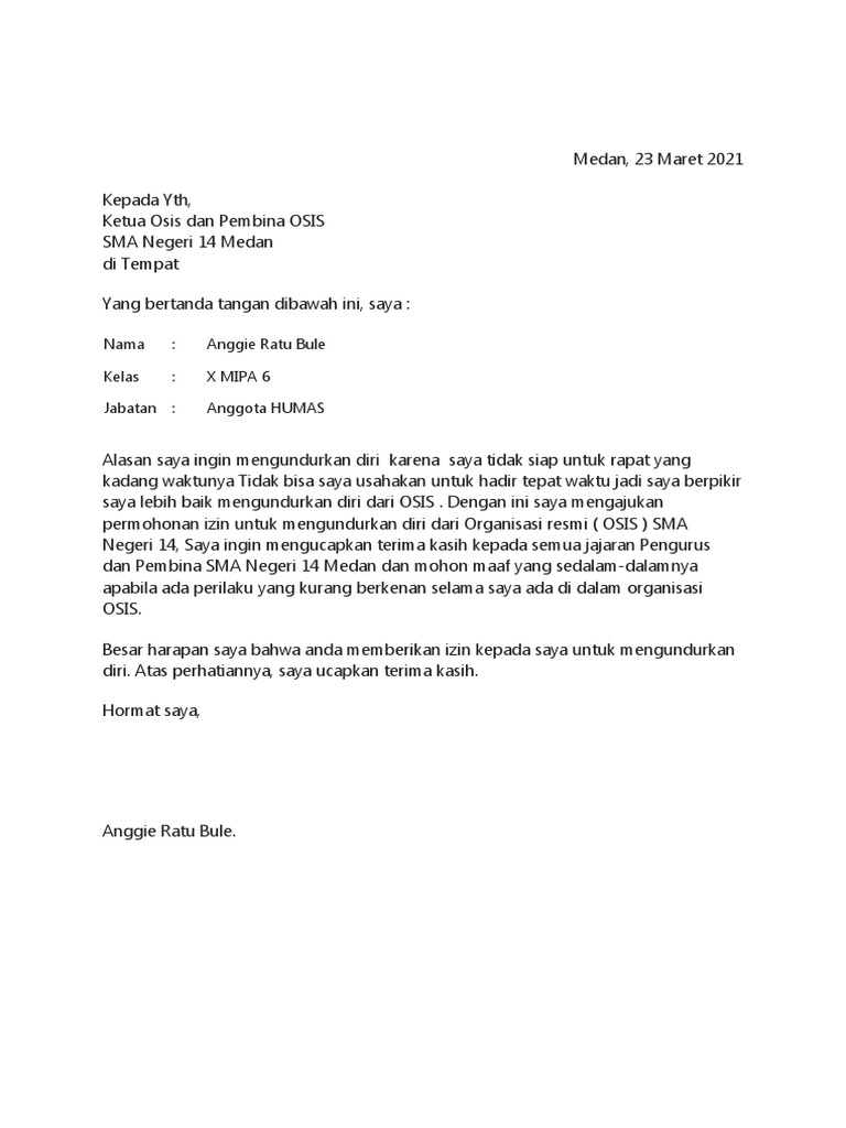 Surat Pengunduran Diri OSIS | PDF