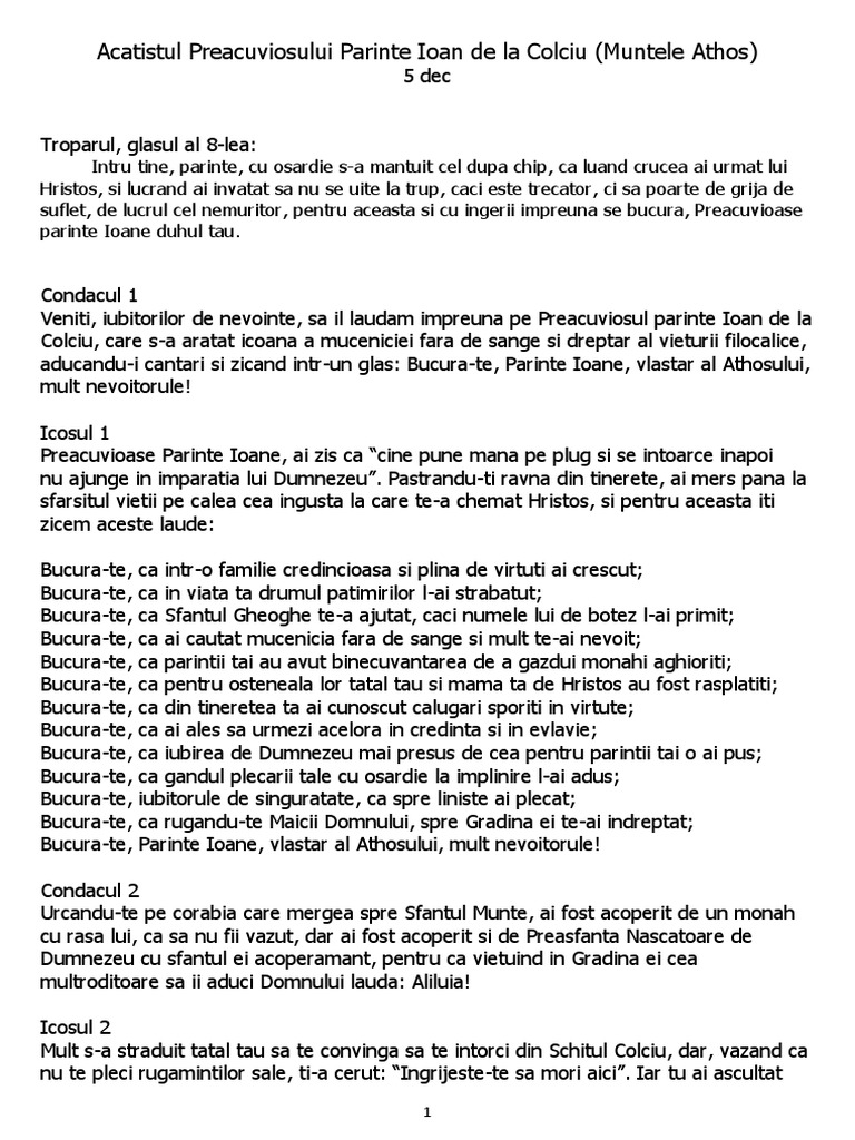 5 Dec - Acatistul Preacuviosului Parinte Ioan de La Colciu (Muntele ...