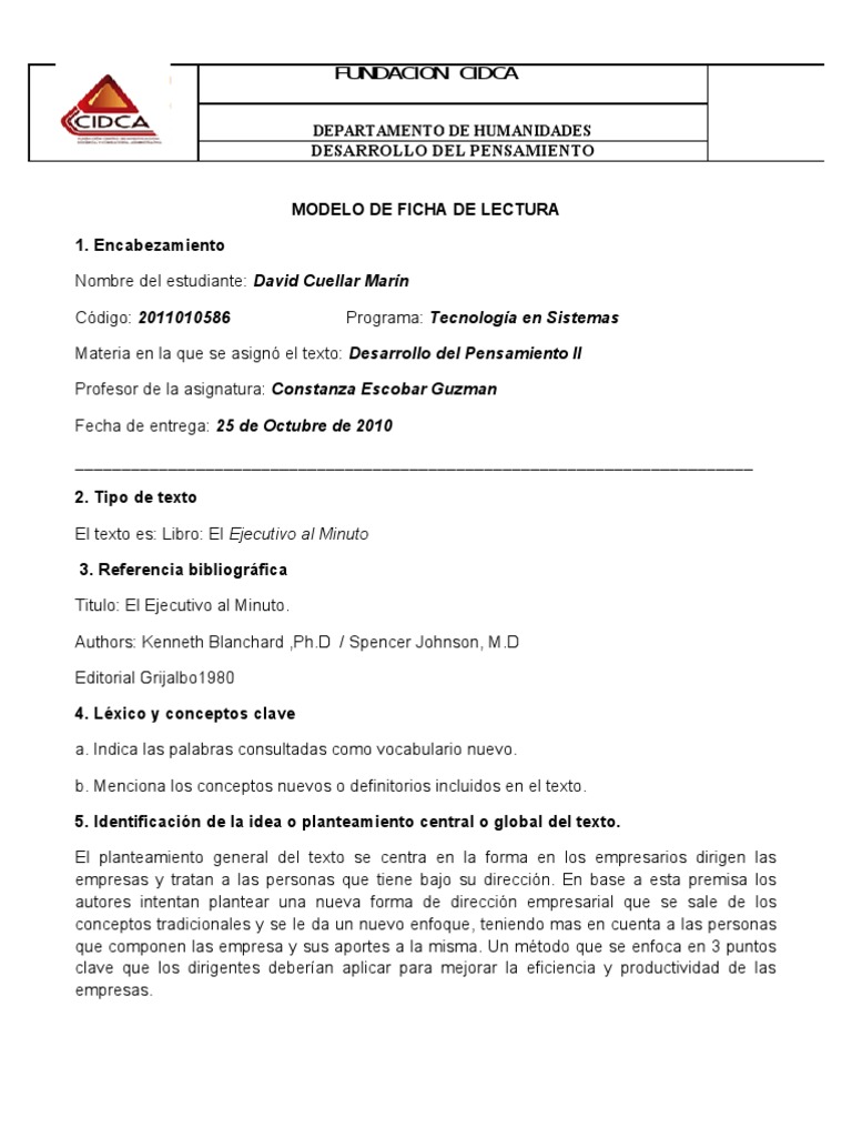 MODELO DE FICHA DE LECTURA - Final | PDF | Bienestar | Libros