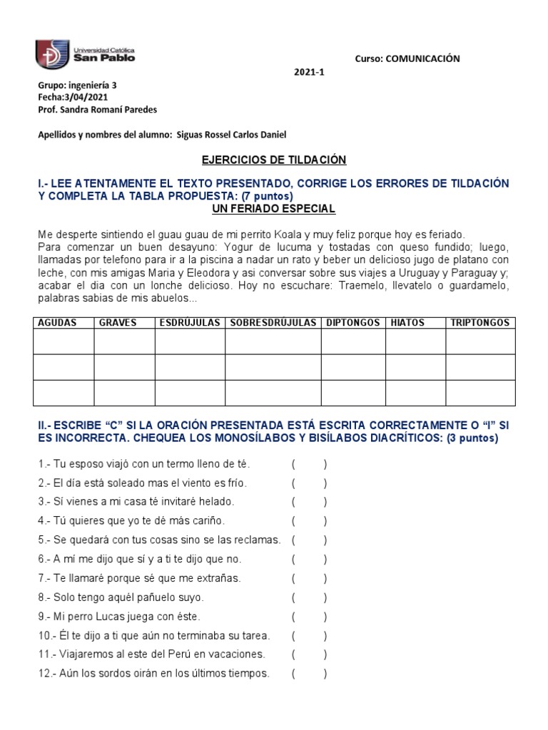 Ejercicios de Tildación y Corrección Ortográfica | PDF | Voz humana ...