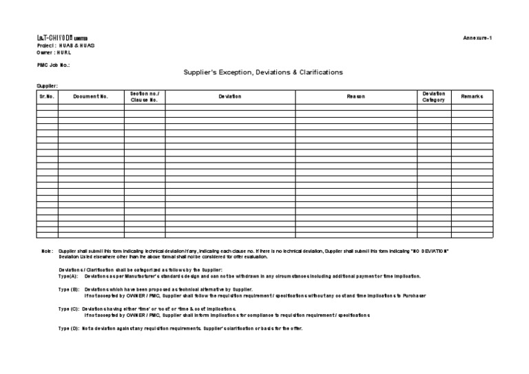 Supplier Deviation & Clarification Form | PDF | Technology & Engineering