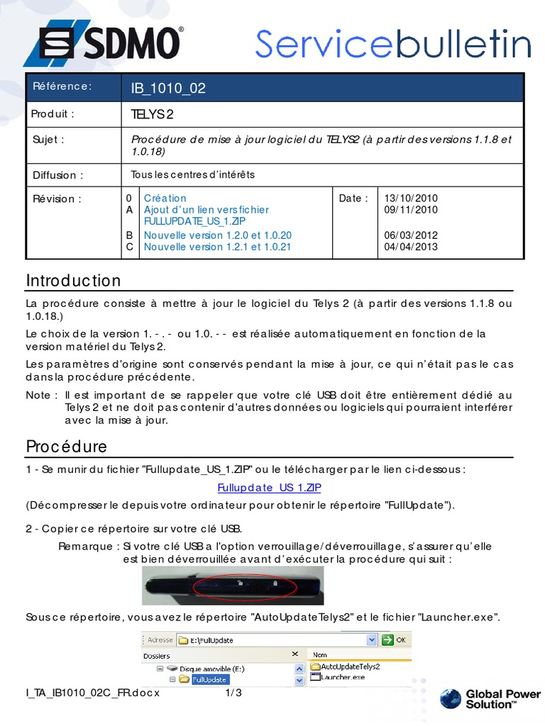 Mise à jour du logiciel Telys 2 | PDF | USB | Clé USB
