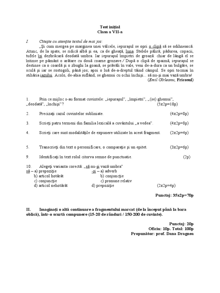 Test Initial Clasa VII | PDF