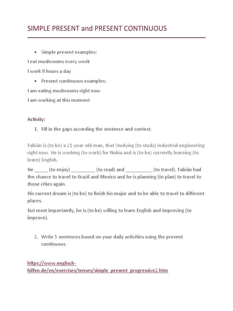 Simple Present vs. Present Continuous Guide | PDF | Language Arts ...