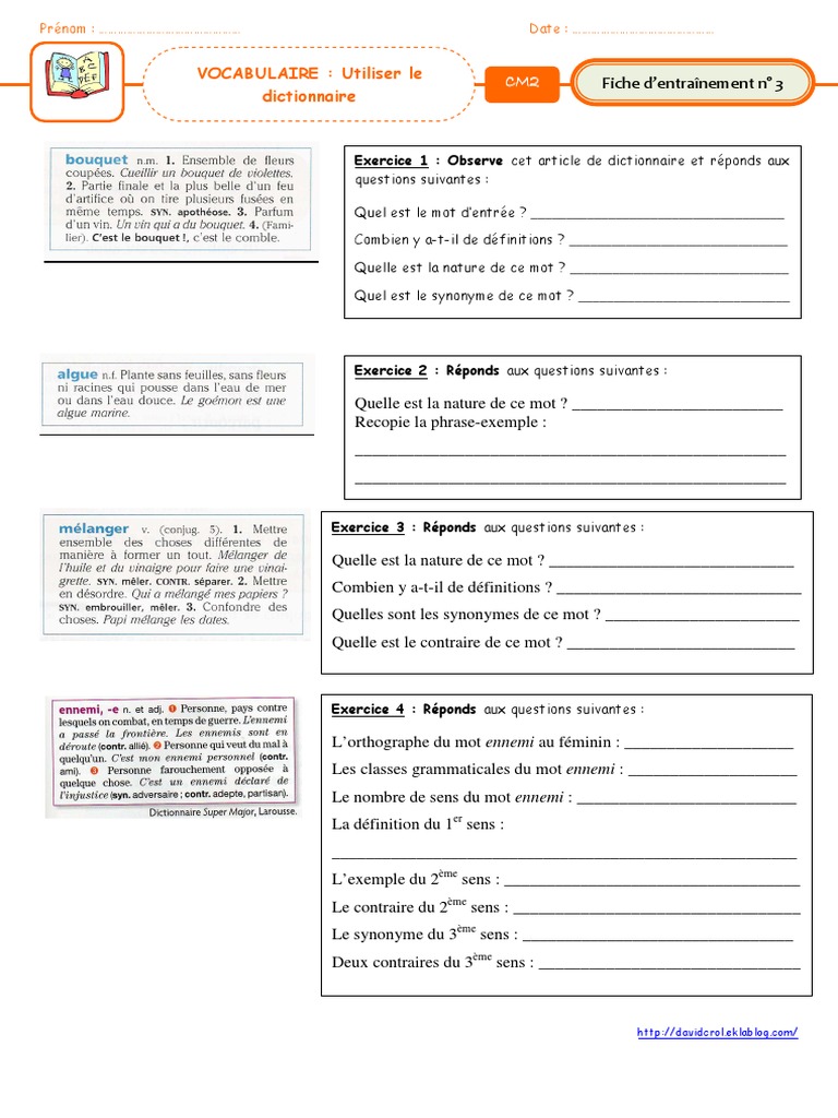 Exercice De Vocabulaire Cm2 Avec Correction Pdf Fiche 3 Utiliser Le Dictionnaire Lire Un Article de Dictionnaire | PDF |  Genre grammatical | Dictionnaire