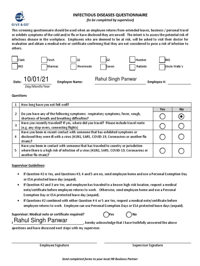 Infectious Disease Screening Form | PDF | Influenza A Virus Subtype H1 ...