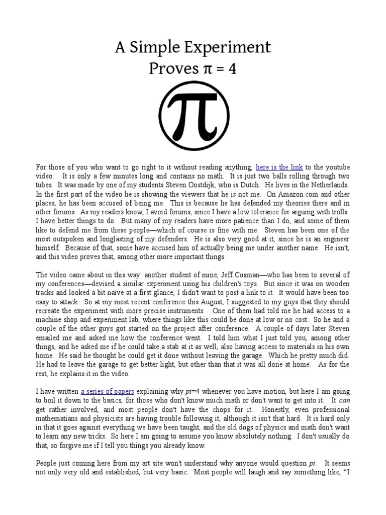 A Simple Experiment Proves Pi Equals 4 by Miles Mathis Download Free