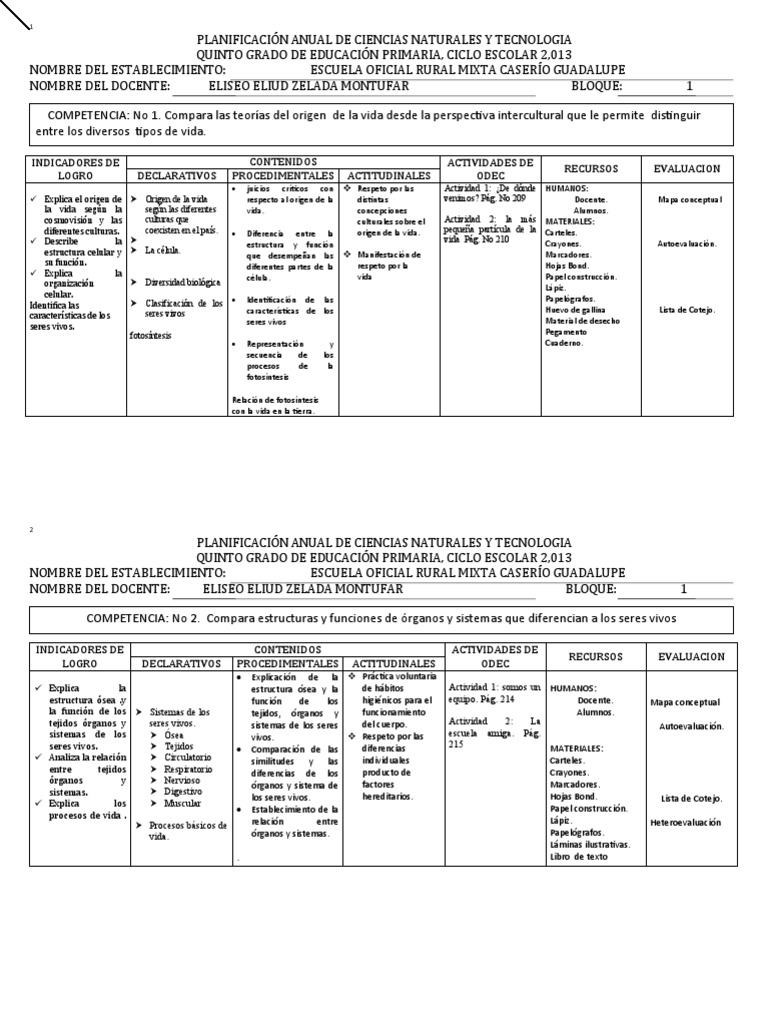 Planificacion Anual de Quinto Grado Primaria Reparado PDF Nutrición