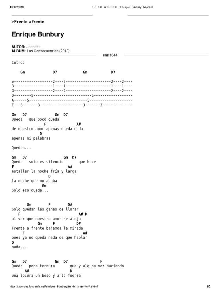 3 FRENTE A FRENTE, Enrique Bunbury Acordes PDF