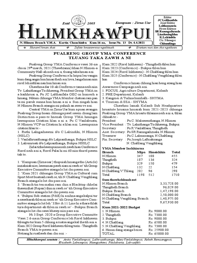 Limkhawpui: Pualreng Group Yma Conference Tluang Taka Zawh A Ni | PDF ...