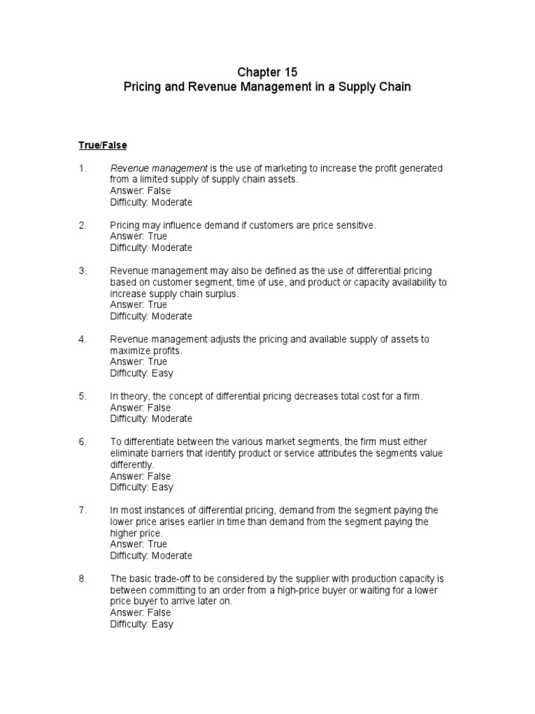 Pricing and Revenue Management in A Supply Chain: True/False | PDF ...