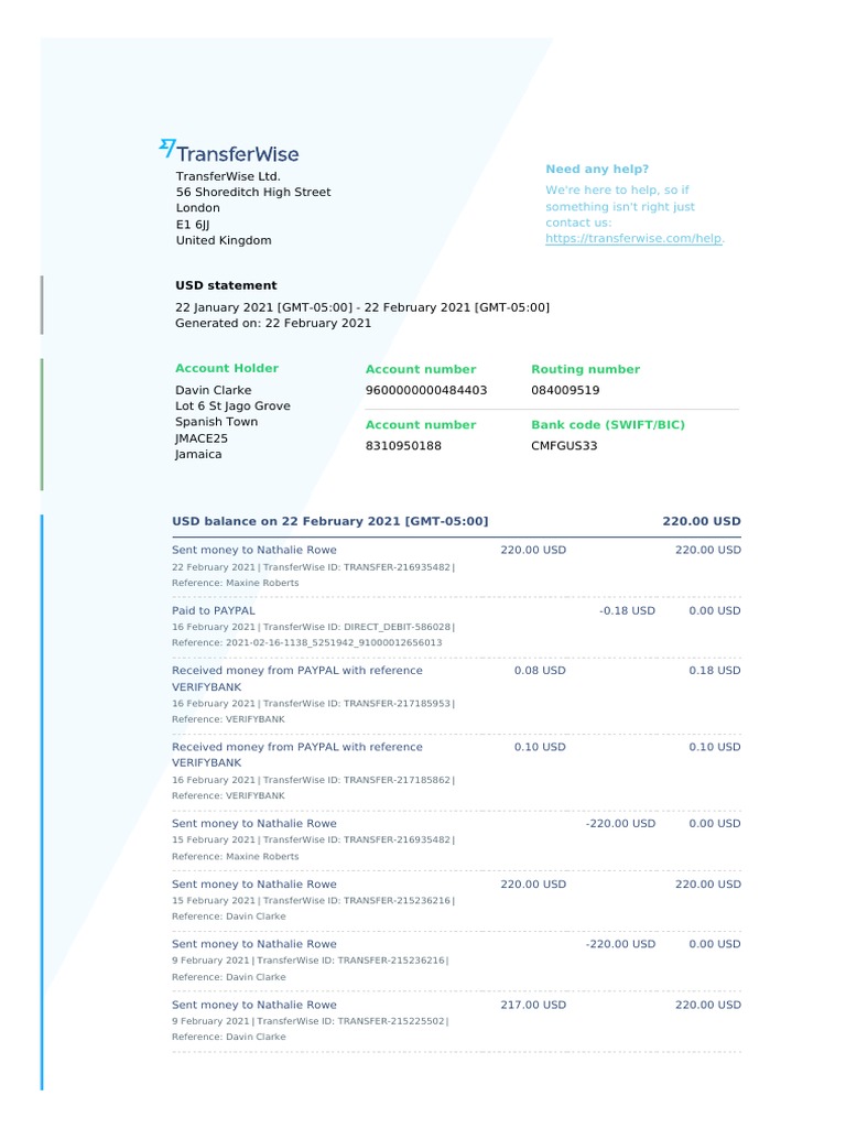 USD Statement Account Holder Account Number Routing Number PDF