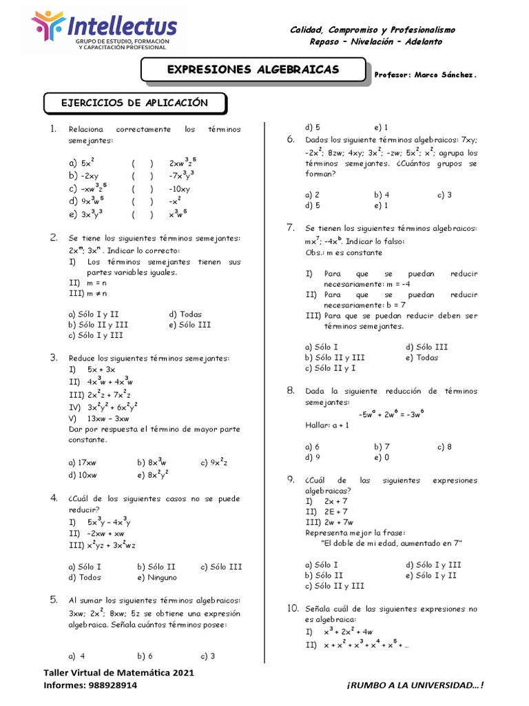 Ejercicios de Expresiones Algebraicas | PDF | Enseñanza de matemática